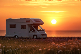 Camper bij zonsondergang